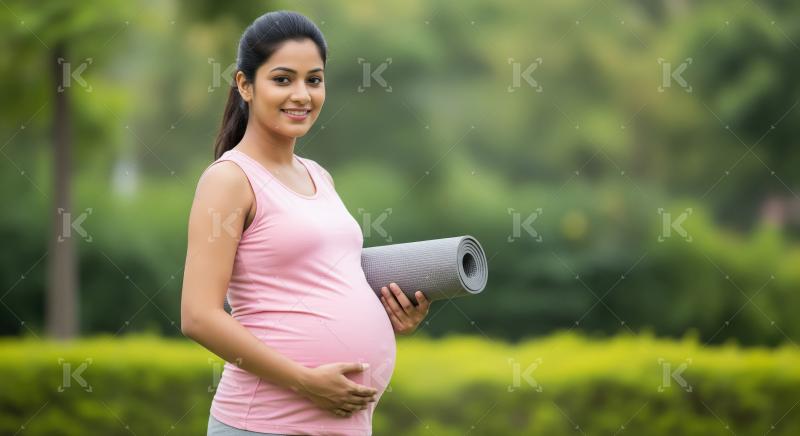 Smiling Pregnant Woman with Yoga Mat in a Green Park