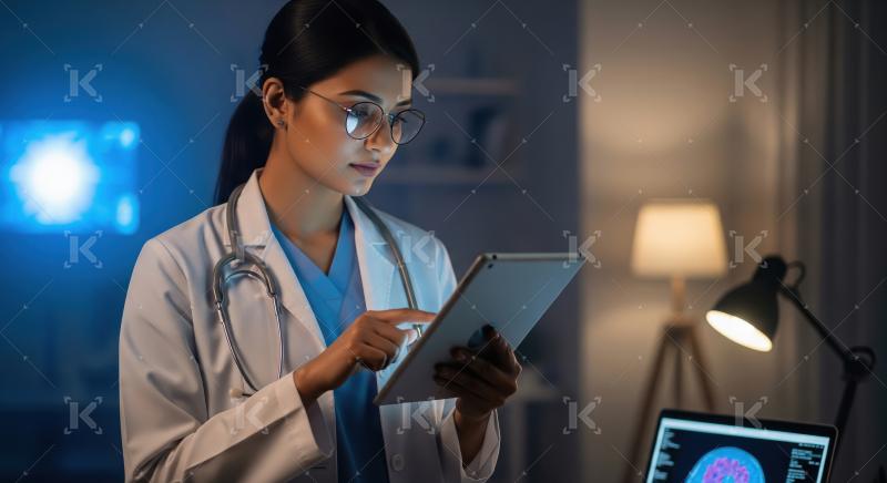 Dedicated Doctor Analyzing Medical Data on Tablet at Night