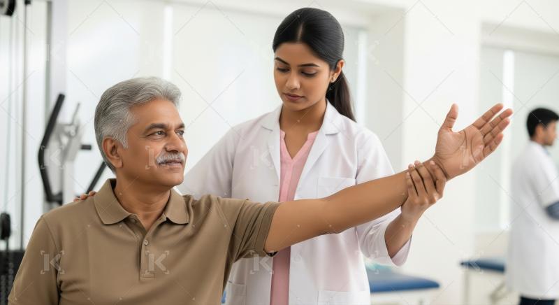 Indian physiotherapist helps senior man with rehabilitation arm