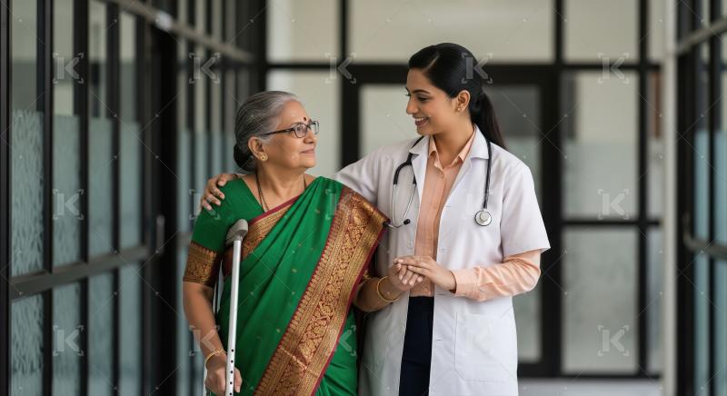 Caring Doctor Supports Elderly Indian Patient with Crutch