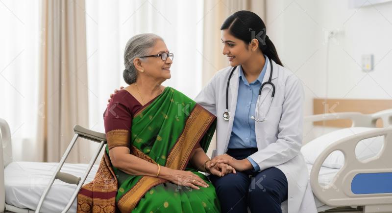 Caring doctor supports senior Indian patient with empathy.