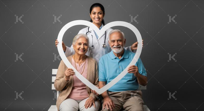 Caring doctor and happy Indian senior couple with heart.