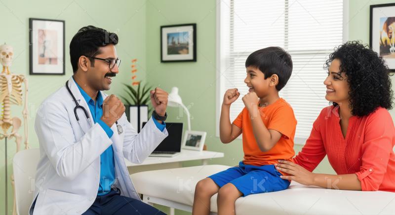 Smiling Doctor, Boy, Mother: Playful Consultation at Clinic