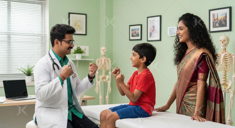Pediatrician encourages young Indian boy with mother present