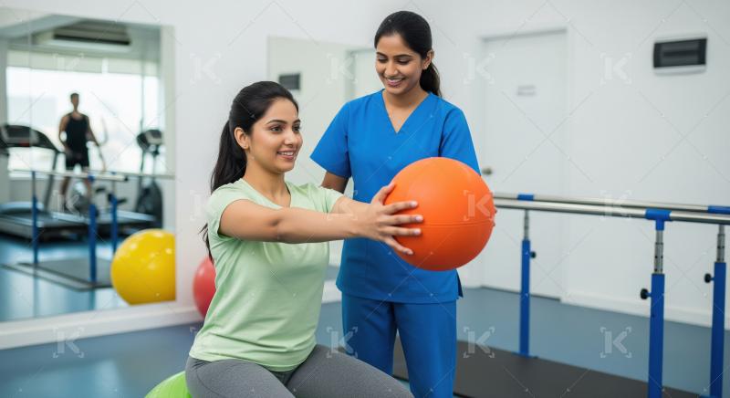 Physiotherapist guides woman through exercise ball rehabilitatio