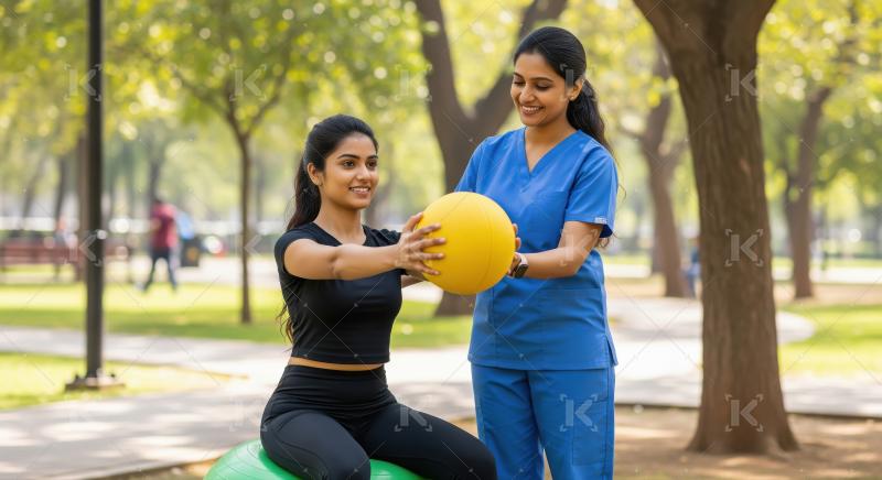 Physiotherapist Guides Woman with Medicine Ball Exercise Outdoor