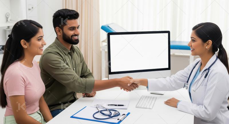 Indian doctor welcomes smiling patients with a handshake in clin