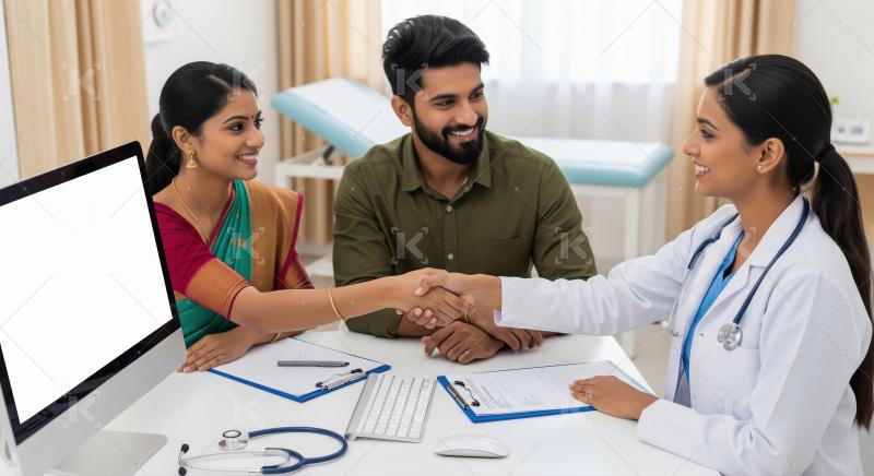 Indian Doctor Welcomes Couple, Patient and Husband in Clinic