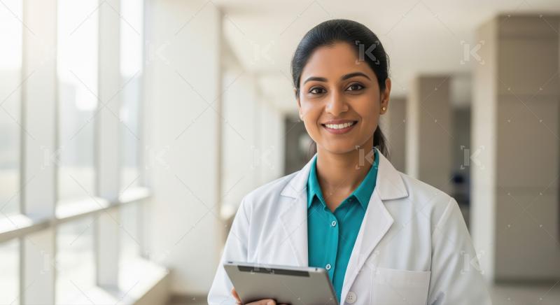 Confident Female Doctor Smiles Holding Tablet in Healthcare Sett