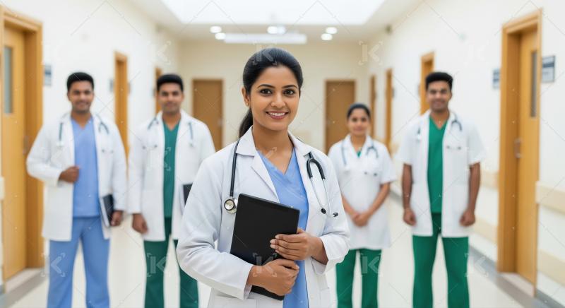 Confident Indian Medical Team Smiling in Hospital Hallway