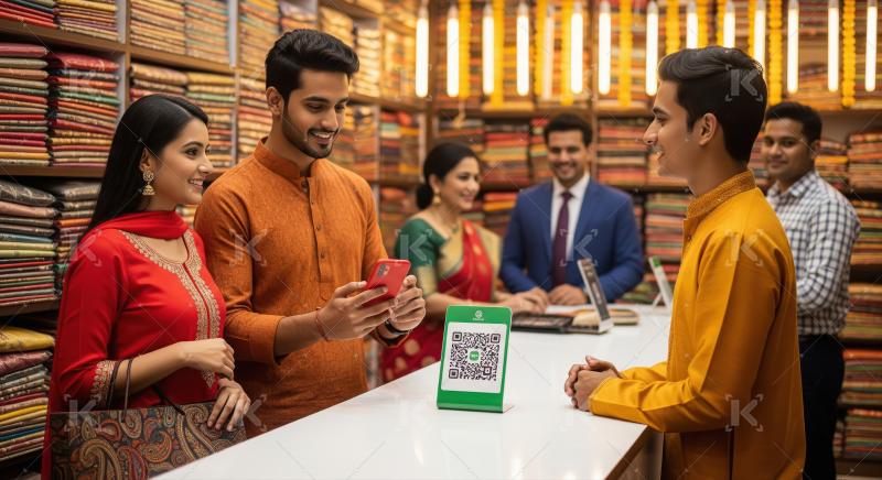 Happy Indian Couple Making Digital Payment at Traditional Store