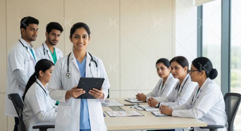 Smiling Indian Female Doctor Leads Medical Team Conference