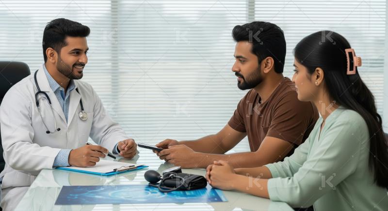 Doctor Consulting Couple in Clinic About Health and Wellness