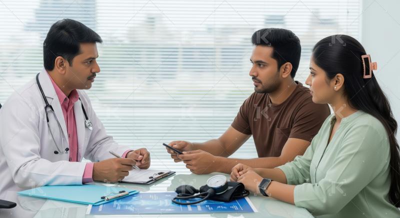 Doctor consulting young Indian couple in medical clinic