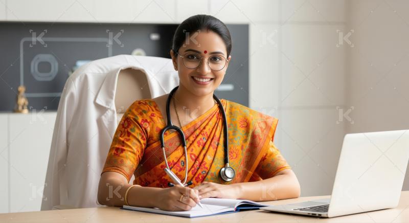 Smiling Indian Doctor Writing Notes in Her Modern Clinic Office