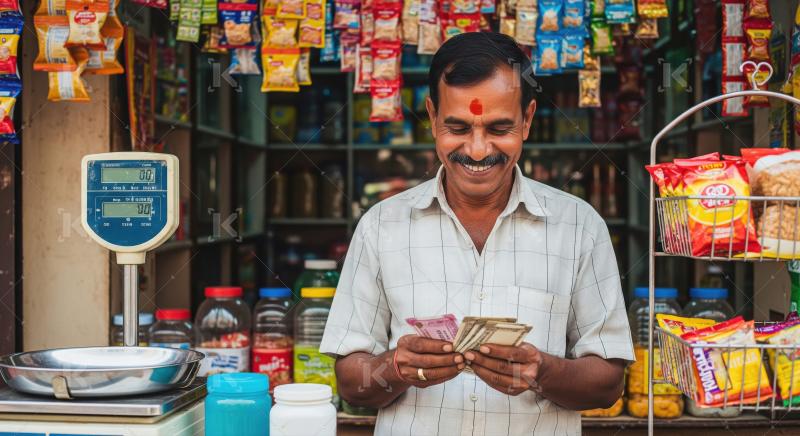 Joyful Indian merchant counts earnings in his small general stor