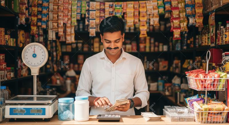 Smiling Indian Shopkeeper Counting Money in His Busy Kirana Stor
