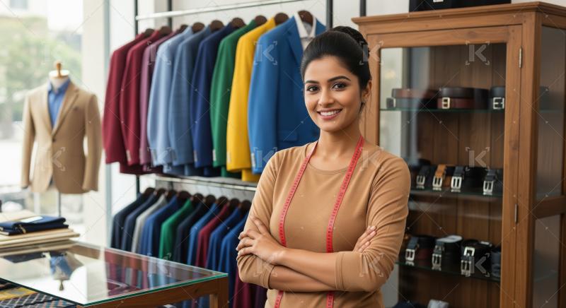 Smiling Indian Tailor in Stylish Clothing Store with Colorful Su