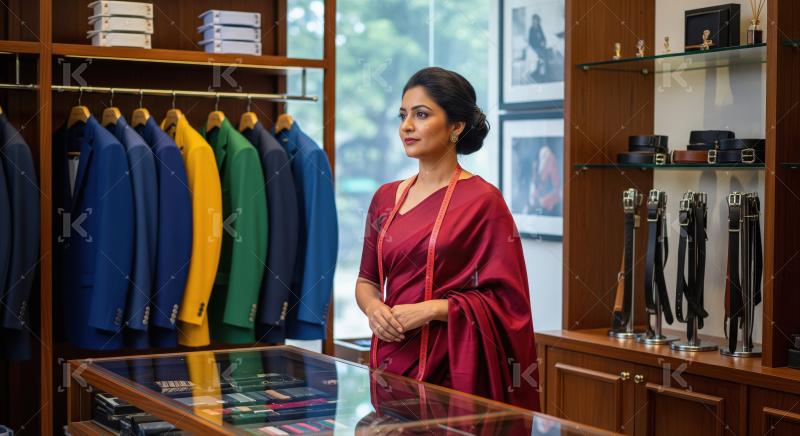 Elegant Professional Woman in a Bespoke Menswear Boutique