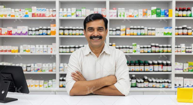 Smiling Indian Pharmacist at Counter in Modern Pharmacy