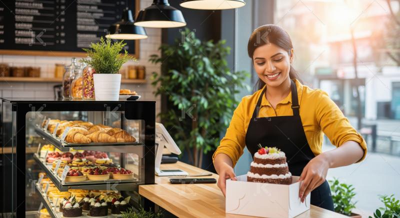 Smiling Baker Packaging Delicious Cake in Modern Cafe
