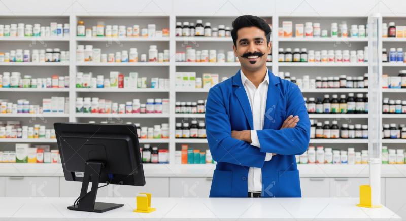 Confident Male Pharmacist Smiling in a Modern Retail Pharmacy