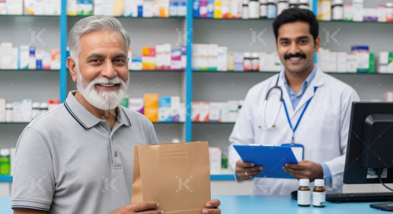 Happy Senior Man with Pharmacist in Modern Drugstore