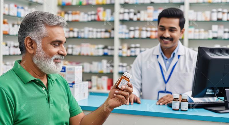 Friendly pharmacist smiles as customer checks prescription medic