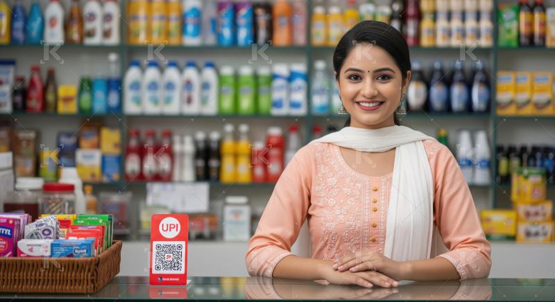 Beautiful Indian woman at her store, promoting UPI payment.