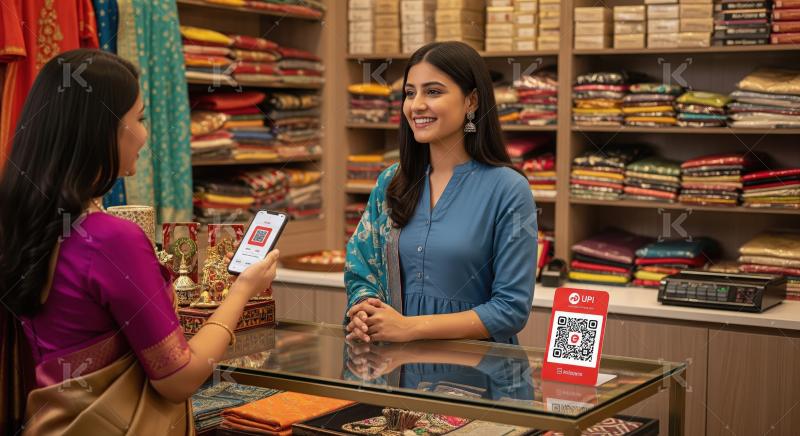 Indian Woman Uses UPI Digital Payment in Clothing Store