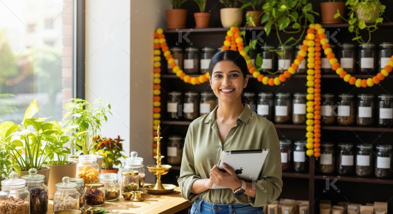 Smiling Indian Woman Managing Her Traditional Spice and Herbal S