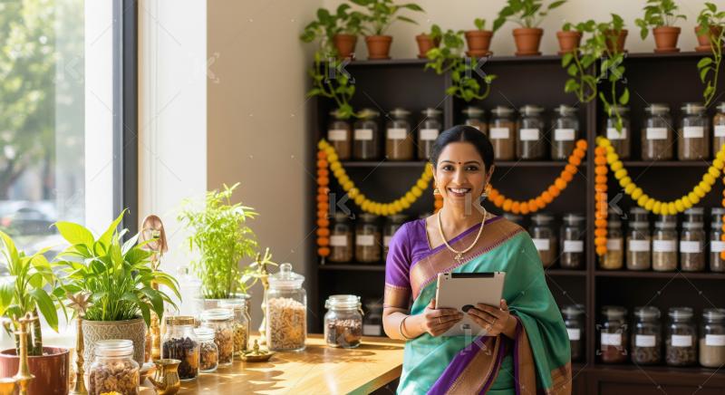 Happy Indian woman managing her traditional spice and herb shop