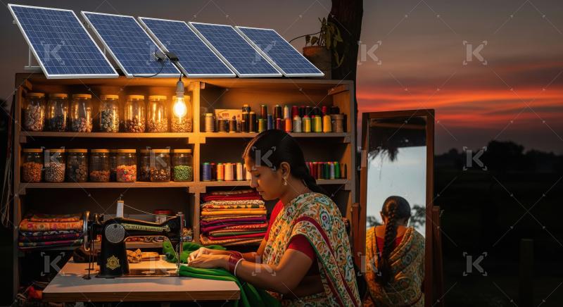 Indian Woman Tailoring Using Sustainable Solar Energy at Sunset