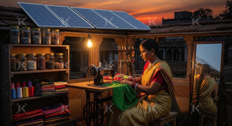 Empowered Indian Artisan Sewing with Solar Energy Under Sunset S