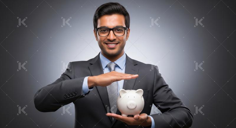 Smiling Businessman Protecting Savings with Piggy Bank