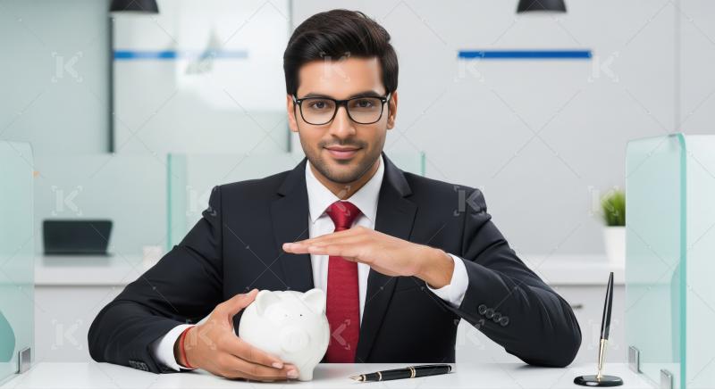Confident Businessman Protecting Savings with Piggy Bank at Offi