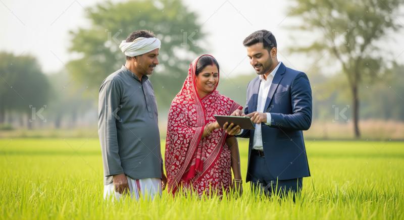 Indian Farmer Couple Consults Agent with Tablet in Field
