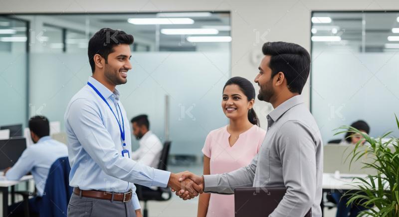 Happy business people handshake at the office, new partnership.