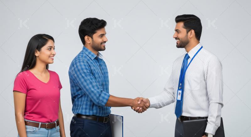 Indian men shaking hands, woman smiling, business agreement