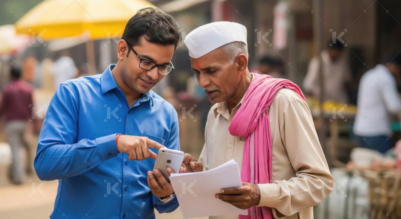Young Indian man explains smartphone to older man in market