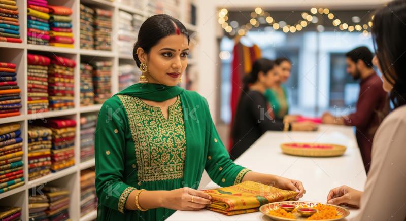 Young Indian woman with traditional outfit holding textile in bo