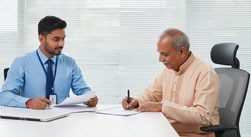 Indian Client Signing Agreement with Financial Advisor in Office