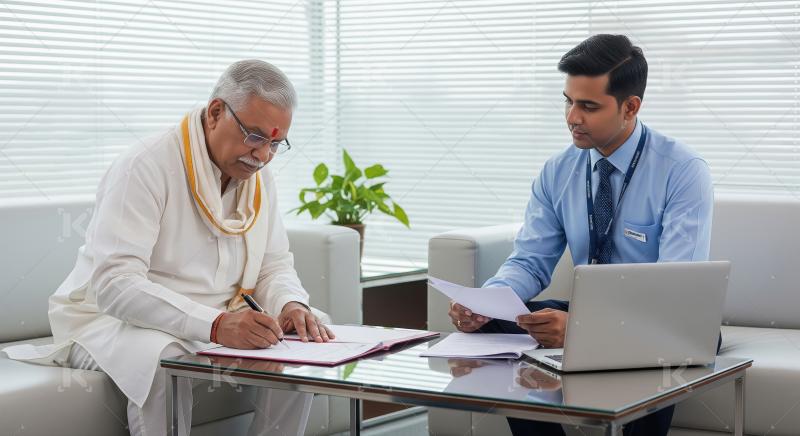 Senior Indian man signing documents with a bank advisor