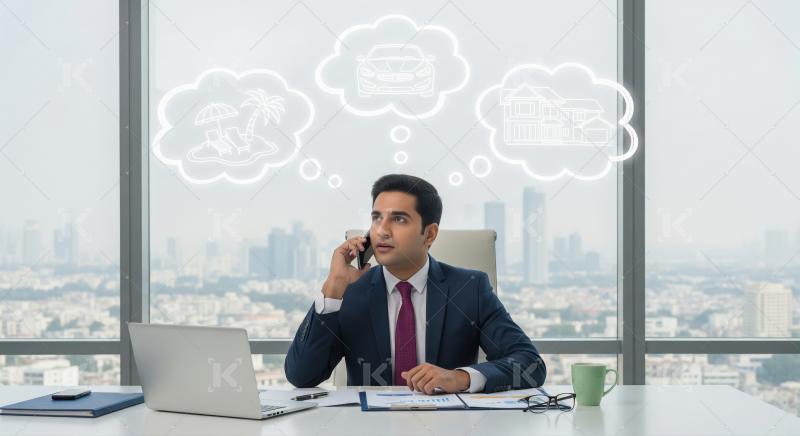 Businessman on Phone Plans Future with Vacation, Car, House