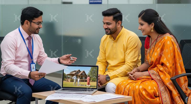 Indian couple discusses dream home with financial advisor.
