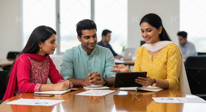 Indian colleagues discuss business strategy using tablet in a mo