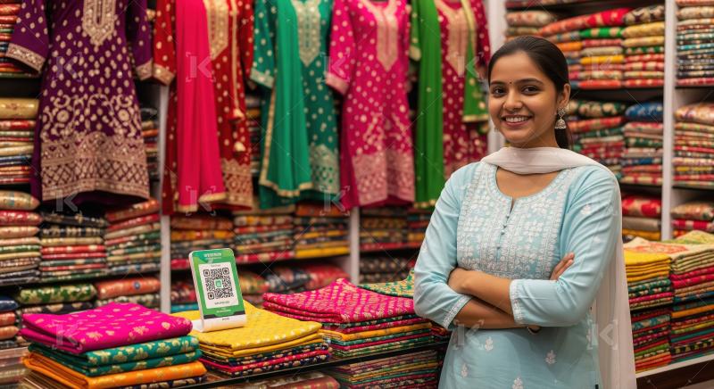 Smiling Indian woman in traditional clothing store with QR payme