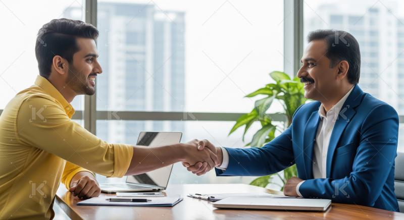 Businessmen sealing deal with handshake in modern office
