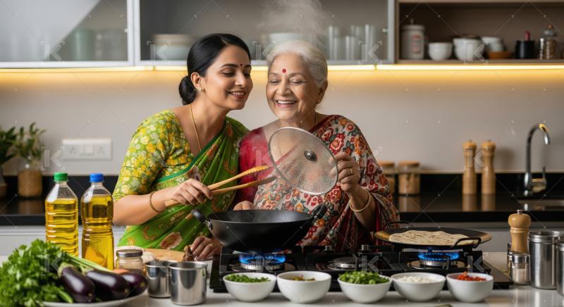 Indian Women Joyfully Cooking Traditional Meal Together in Kitch