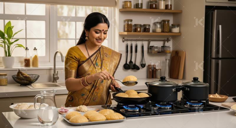 Smiling woman frying golden pooris, enjoying cooking in bright k